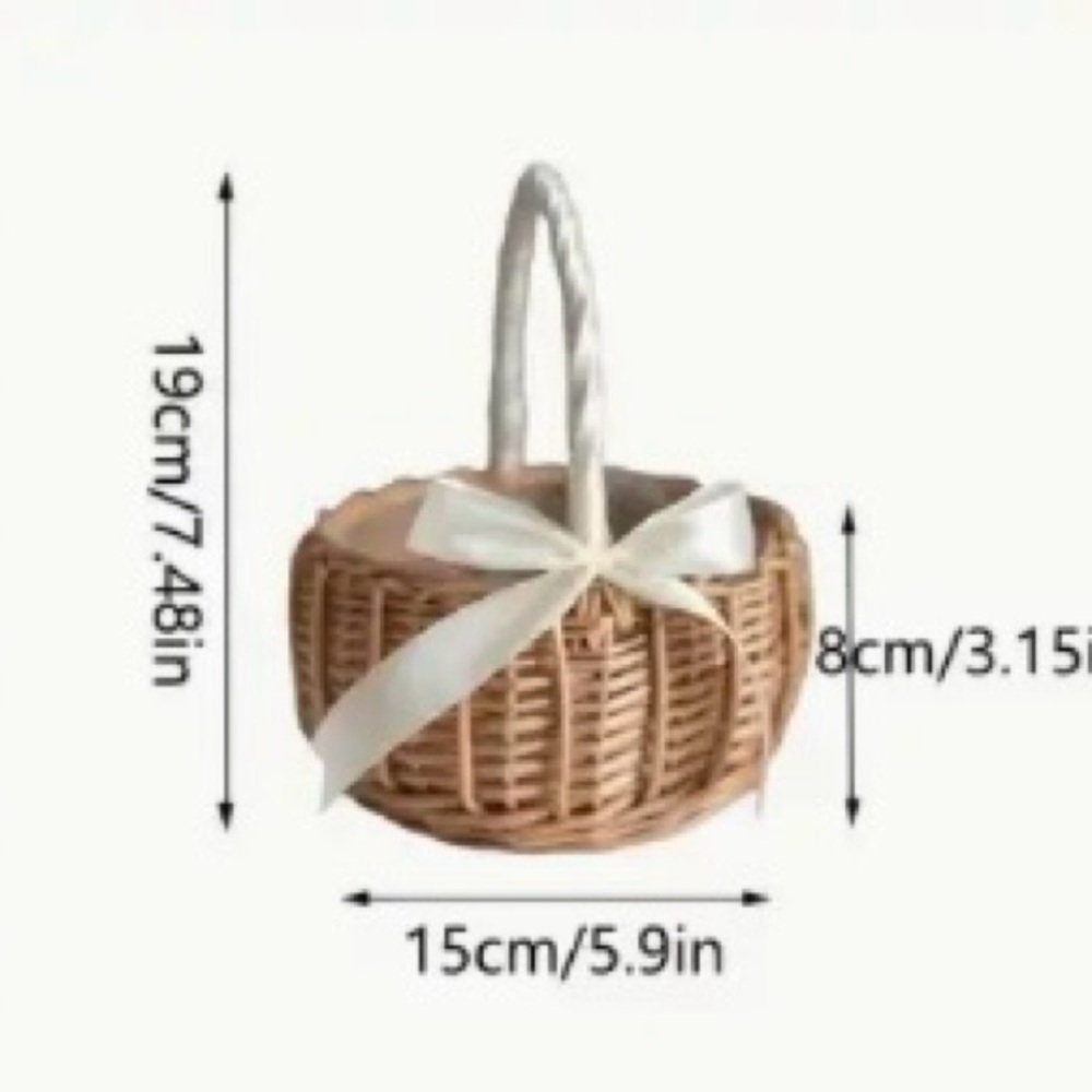 Tan and White Wicker Basket With a Ribbon Wrapped Handle